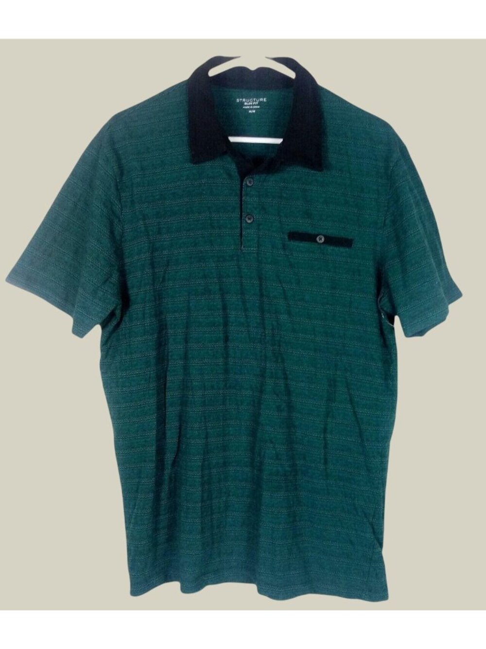 Vintage Structure Striped Contrast Collar Polo Slim Fit Mens M Green Office Golf
